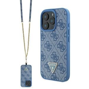 Husa pentru Apple iPhone 16, Guess, Crossbody 4G Triangle Strass, Albastra