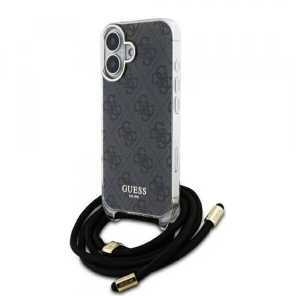 Husa pentru Apple iPhone 16, Guess, Crossbody Cord 4G Print, Neagra
