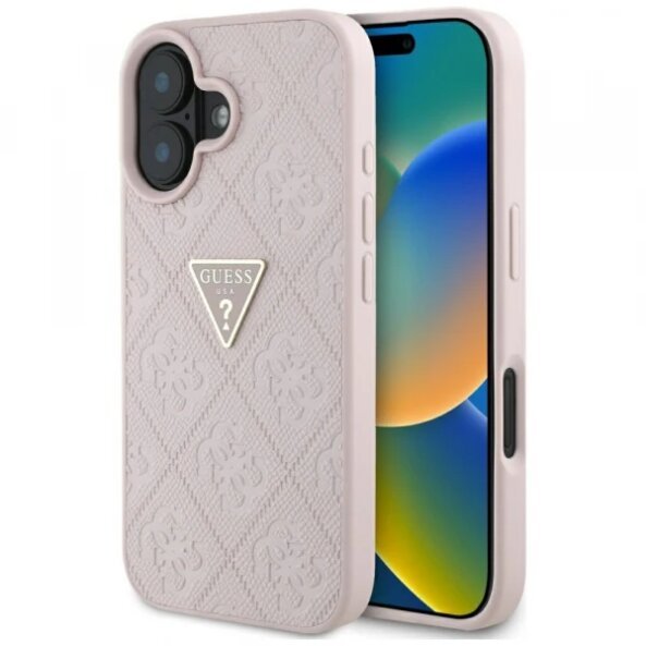 Husa pentru Apple iPhone 16, Guess, Hot Stamp 4G Pattern Triangle Logo, Roz
