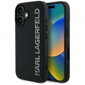 Husa pentru Apple iPhone 16, Karl Lagerfeld, 3D Rubber Elongated Gliiter Logo, Neagra