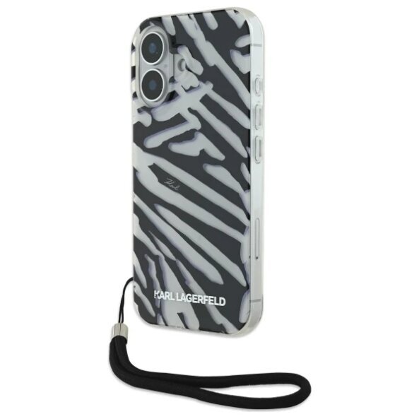 Husa pentru Apple iPhone 16, Karl Lagerfeld, IML Luxury Zebra Pattern with Strap, Neagra