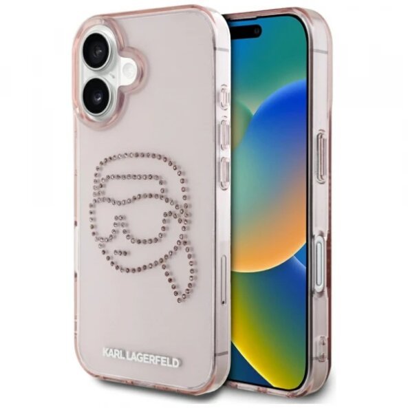 Husa pentru Apple iPhone 16, Karl Lagerfeld, IML Rhinestones Karl's Head, Roz