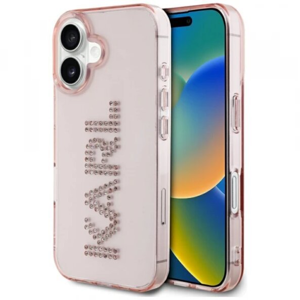 Husa pentru Apple iPhone 16, Karl Lagerfeld, IML Rhinestones Pink Logo, Roz