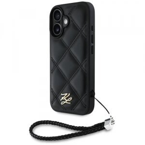 Husa pentru Apple iPhone 16, Karl Lagerfeld, Quilted Initial Logo &amp; Chain Strap, Neagra