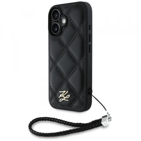 Husa pentru Apple iPhone 16, Karl Lagerfeld, Quilted Initial Logo &amp; Chain Strap, Neagra