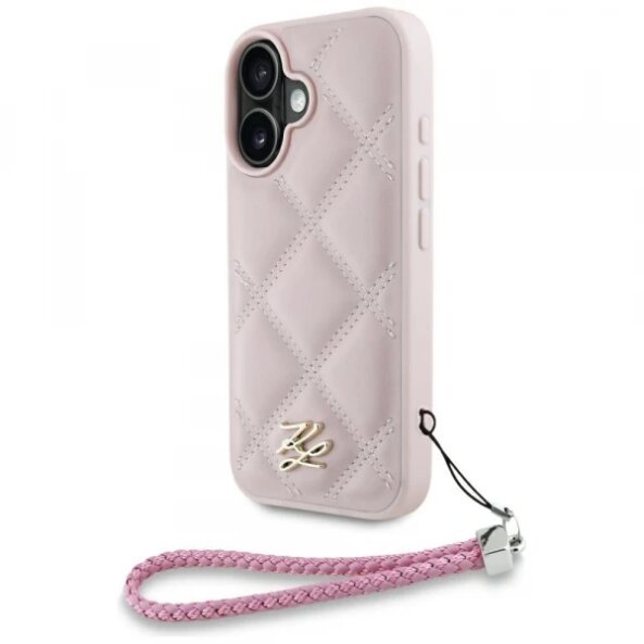 Husa pentru Apple iPhone 16, Karl Lagerfeld, Quilted Initial Logo &amp; Chain Strap, Roz