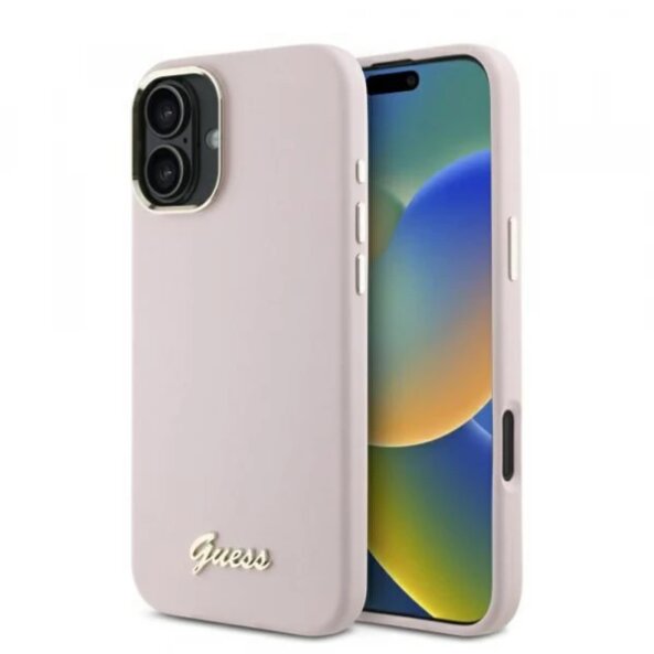 Husa pentru Apple iPhone 16 Plus, Guess, Script Metal Logo &amp; Frame, Roz