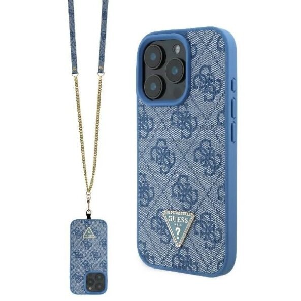 Husa pentru Apple iPhone 16 Pro, Guess, Crossbody 4G Triangle Strass, Albastra