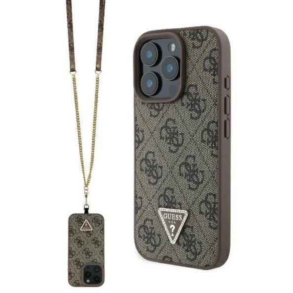 Husa pentru Apple iPhone 16 Pro, Guess, Crossbody 4G Triangle Strass, Maro
