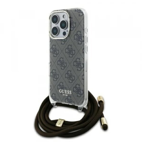 Husa pentru Apple iPhone 16 Pro, Guess, Crossbody Cord 4G Print, Maro
