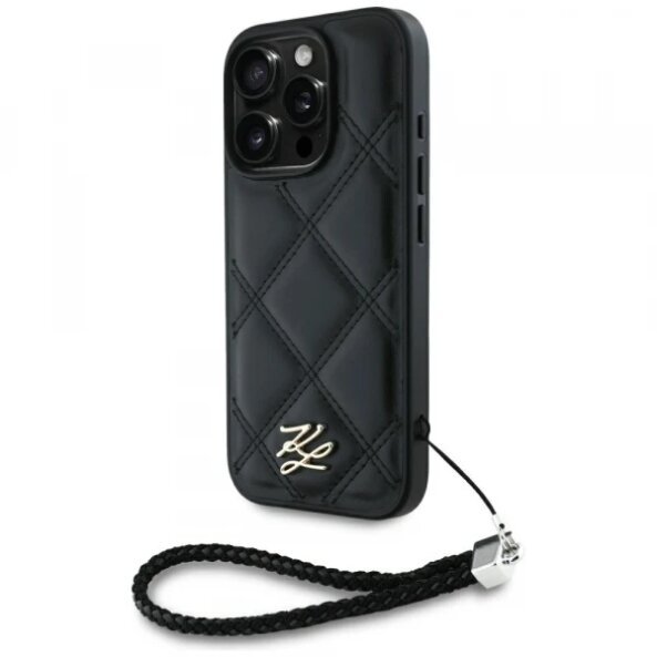 Husa pentru Apple iPhone 16 Pro, Karl Lagerfeld, Quilted Initial Logo &amp; Chain Strap, Neagra