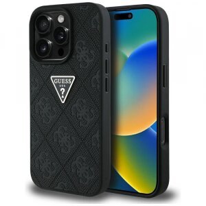 Husa pentru Apple iPhone 16 Pro Max, Guess, Hot Stamp 4G Pattern Triangle Logo, Neagra