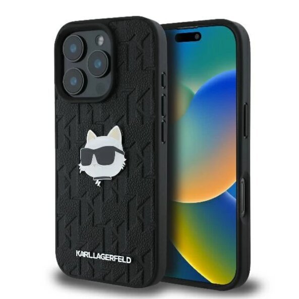 Husa pentru Apple iPhone 16 Pro Max, Karl Lagerfeld, Monogram Choupette's Head, Neagra