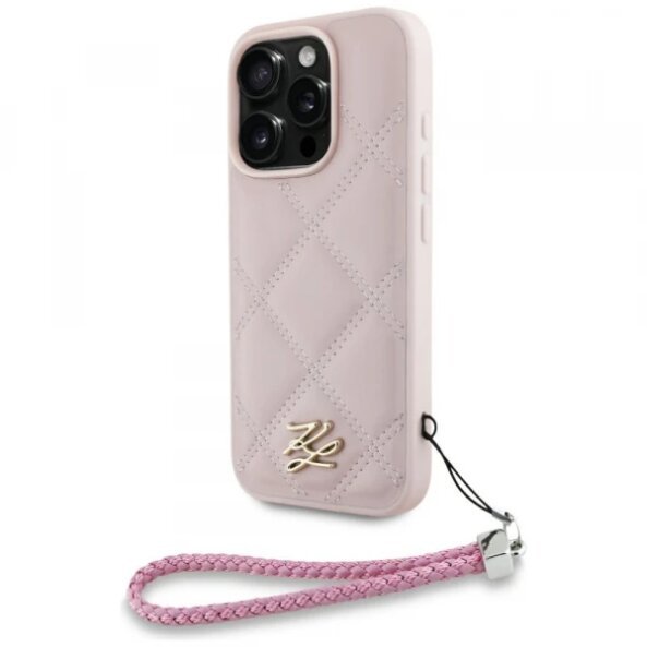 Husa pentru Apple iPhone 16 Pro Max, Karl Lagerfeld, Quilted Initial Logo &amp; Chain Strap, Roz