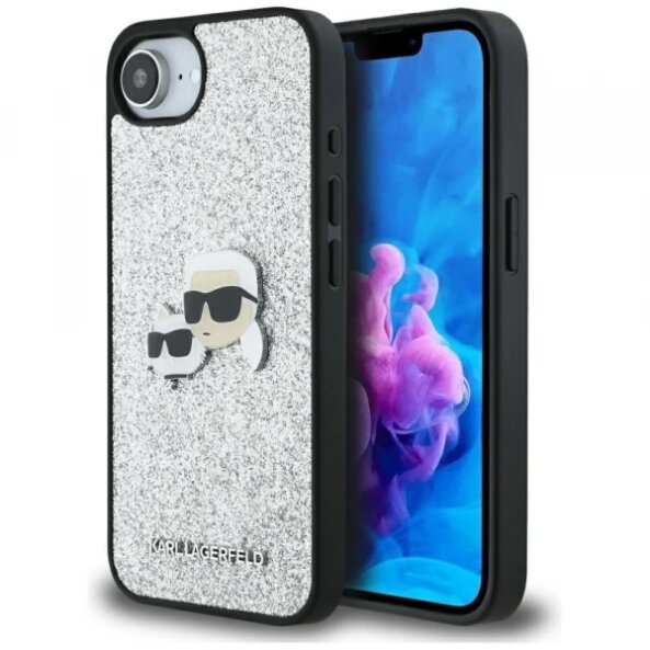 Husa pentru Apple iPhone 16e, Karl Lagerfeld, Glitter Fixed Karl &amp; Choupette's Heads, Argintie