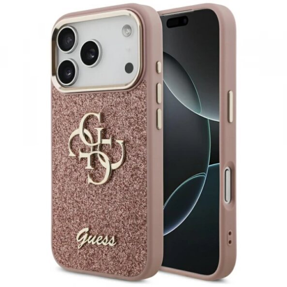 Husa pentru Apple iPhone 17 Pro, Guess, Fixed Glitter Big 4G Metal Frame, Roz