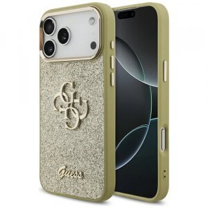 Husa pentru Apple iPhone 17 Pro Max, Guess, Fixed Glitter Big 4G Metal Frame, Aurie