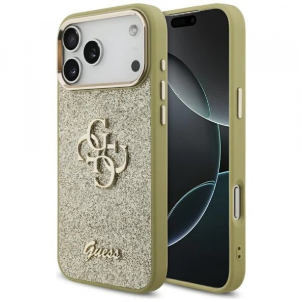 Husa pentru Apple iPhone 17 Pro Max, Guess, Fixed Glitter Big 4G Metal Frame, Aurie