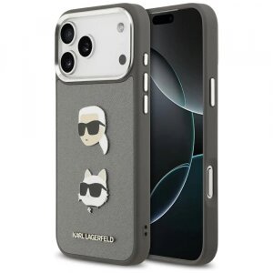 Husa pentru Apple iPhone 17 Pro Max, Karl Lagerfeld, Grained Karl &amp; Choupette's Heads Pins and Logo, Gri