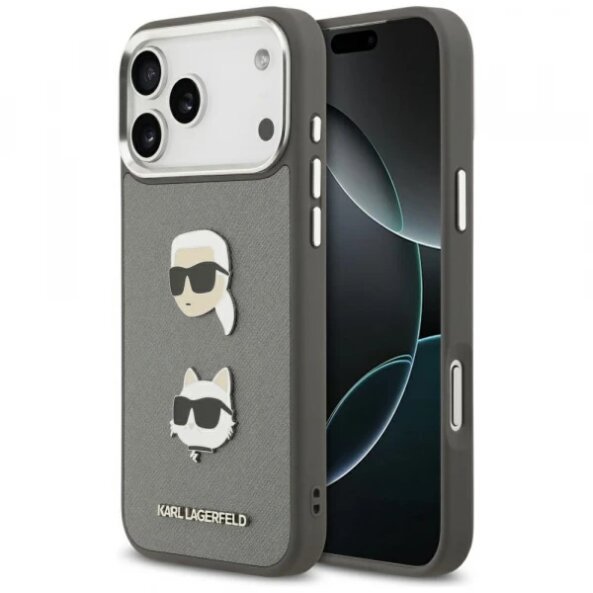 Husa pentru Apple iPhone 17 Pro Max, Karl Lagerfeld, Grained Karl &amp; Choupette's Heads Pins and Logo, Gri
