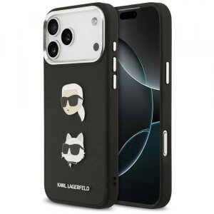 Husa pentru Apple iPhone 17 Pro Max, Karl Lagerfeld, Grained Karl &amp; Choupette's Heads Pins and Logo, Neagra