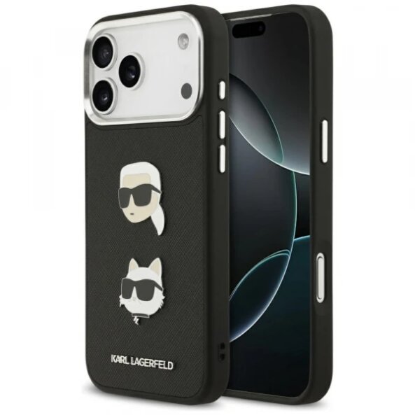 Husa pentru Apple iPhone 17 Pro Max, Karl Lagerfeld, Grained Karl &amp; Choupette's Heads Pins and Logo, Neagra