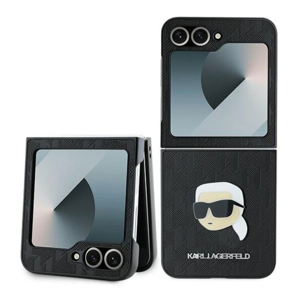 Husa pentru Samsung Galaxy Z Flip7 FE F741 / Z Flip6 F741, Karl Lagerfeld, Saffiano Monogram Karl's Head Metal, Neagra