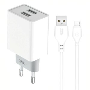 Incarcator Retea Cu Cablu microUSB XO Design L65, 12W, 2.4A, 2 x USB-A, Alb 