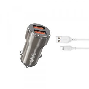Incarcator Auto Cu Cablu Lightning XO Design CC48, 12W, 2.4A, 2 x USB-A, Gri 