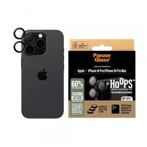 Folie de protectie Camera Spate PanzerGlass Hoops pentru Apple iPhone 16 Pro Max / 16 Pro, Sticla Securizata, Neagra