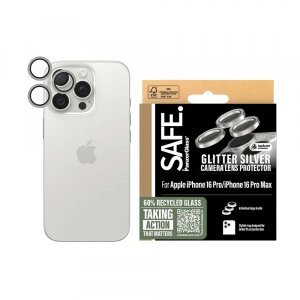 Folie de protectie Camera Spate PanzerGlass Safe. Glitter pentru Apple iPhone 16 Pro Max / 16 Pro, Sticla Securizata, Argintie