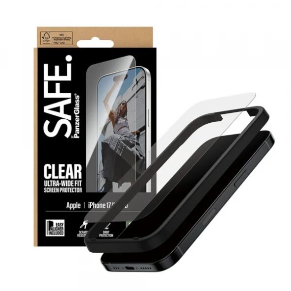 Folie de protectie Ecran PanzerGlass Safe. Ultra-Wide Fit EasyAligner pentru Apple iPhone 17 / 16 Pro, Sticla Securizata, Full Glue