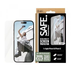 Folie de protectie Ecran PanzerGlass Safe. Ultra-Wide Fit pentru Apple iPhone 16 / 15, Sticla Securizata, Full Glue
