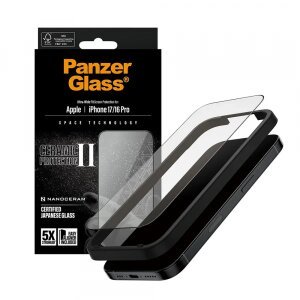 Folie de protectie Ecran PanzerGlass Ultra-Wide Ceramic II EasyAligner pentru Apple iPhone 17 / 16 Pro, Sticla Securizata, Full Glue, Neagra