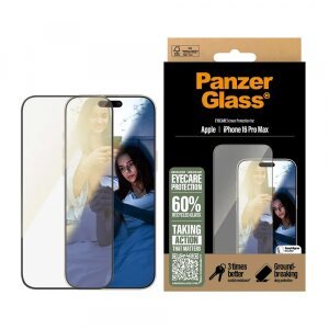 Folie de protectie Ecran PanzerGlass Ultra-Wide Fit EyeCare pentru Apple iPhone 16 Pro Max, Sticla Securizata, Full Glue, Neagra