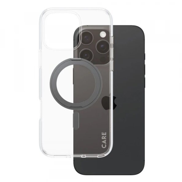 Husa MagSafe pentru Apple iPhone 16 Pro Max, PanzerGlass, Care Feature Kickstand, Transparenta Neagra