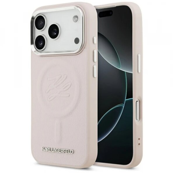Husa MagSafe pentru Apple iPhone 17 Pro, Karl Lagerfeld, Initial &amp; Metal Logo , Roz