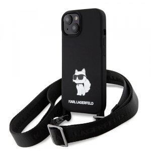 Husa pentru Apple iPhone 15, Karl Lagerfeld, Silicone Crossbody Choupette, Neagra