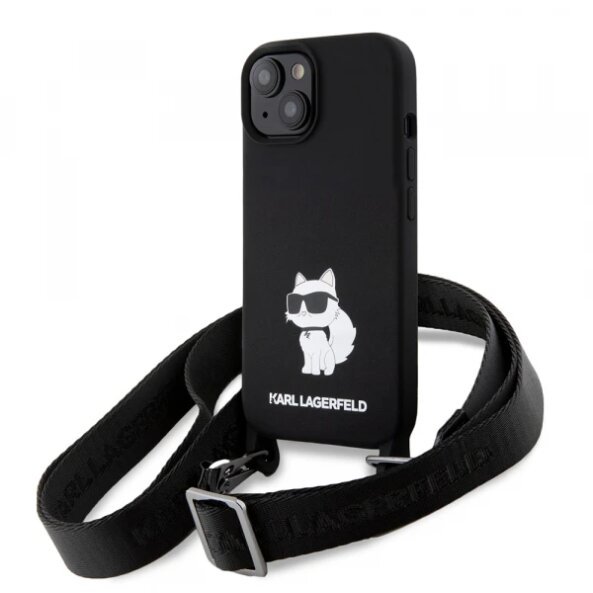 Husa pentru Apple iPhone 15, Karl Lagerfeld, Silicone Crossbody Choupette, Neagra