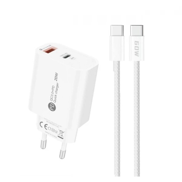 Incarcator Retea Cu Cablu USB-C A6MaxL, 20W, 3A, 1 x USB-A - 1 x USB-C, Alb 