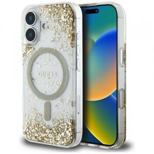 Husa MagSafe pentru Apple iPhone 16, Guess, Resin Bottom Glitter, Aurie