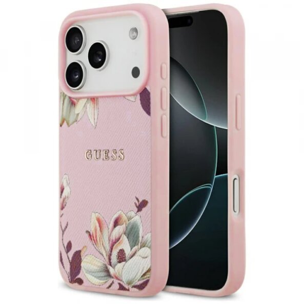 Husa MagSafe pentru Apple iPhone 17 Pro, Guess, Grained Flowers, Roz