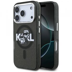 Husa MagSafe pentru Apple iPhone 17 Pro, Karl Lagerfeld, IML Sketch Logo Glitter Karl &amp; Choupette, Neagra
