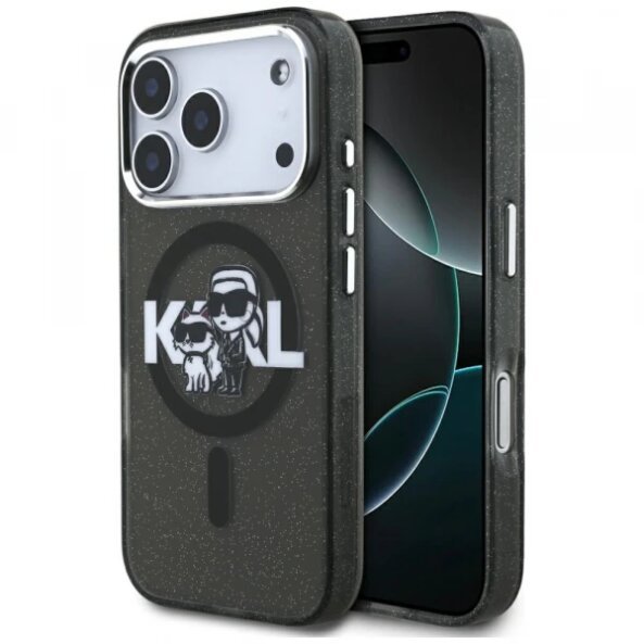 Husa MagSafe pentru Apple iPhone 17 Pro, Karl Lagerfeld, IML Sketch Logo Glitter Karl &amp; Choupette, Neagra