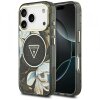 Husa MagSafe pentru Apple iPhone 17 Pro Max, Guess, IML Metal Glitter Flowers Triangle, Neagra
