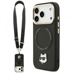 Husa MagSafe pentru Apple iPhone 17 Pro Max, Karl Lagerfeld, Big Strap Choupette Metal Logo, Neagra