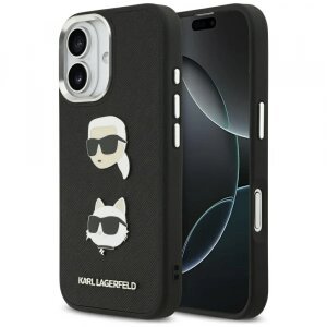 Husa pentru Apple iPhone 17, Karl Lagerfeld, Grained Karl &amp; Choupette's Heads Pins and Logo, Neagra