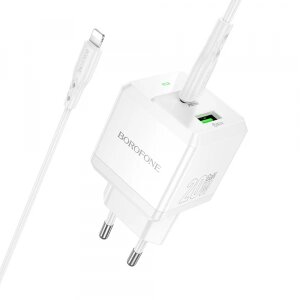 Incarcator Retea Cu Cablu Lightning Borofone BN19 Intenso, 20W, 3A, 1 x USB-A - 1 x USB-C, Alb