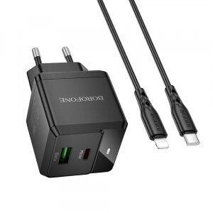 Incarcator Retea Cu Cablu Lightning Borofone BN19 Intenso, 20W, 3A, 1 x USB-A - 1 x USB-C, Negru