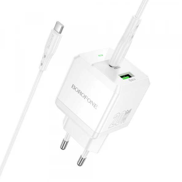 Incarcator Retea Cu Cablu USB-C Borofone BN19 Intenso, 20W, 3A, 1 x USB-A - 1 x USB-C, Alb